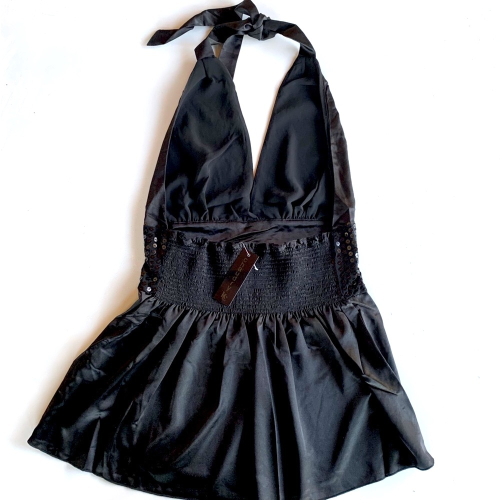 Chaudry KC Satin Halter Neck Top Black Sequined Jeweled Empire Waistband NWT - Picture 6 of 10